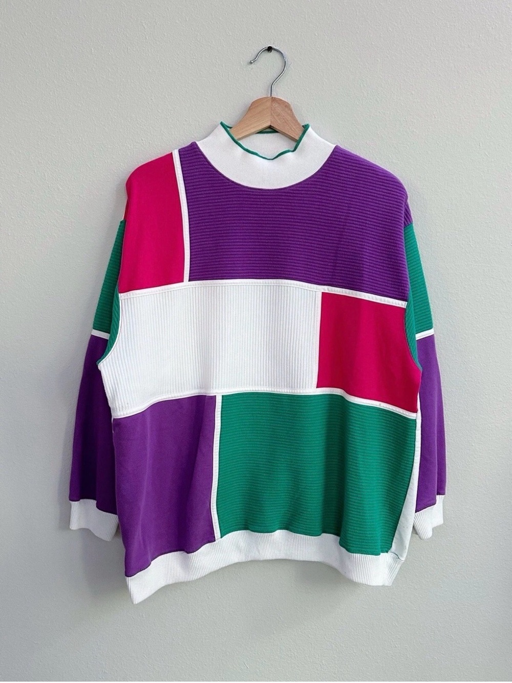 Belvedere Colorblock Mock Neck Sweater in Purple, Green, White & Pink vintage